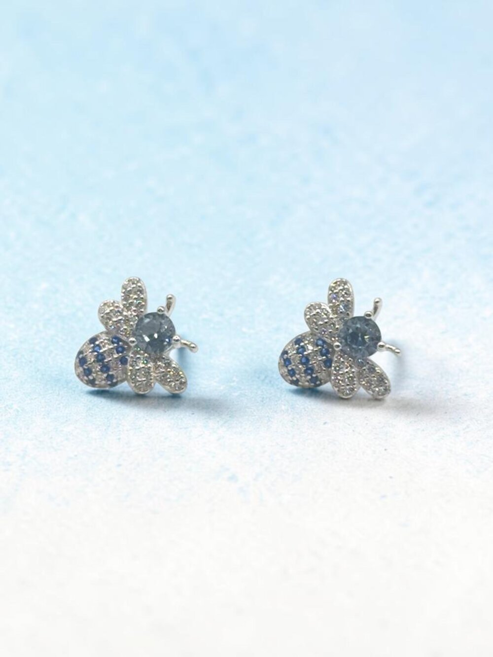 Blue and White CZ Bee Stud Earrings in 925 Sterling Silver - Picture 3 of 4